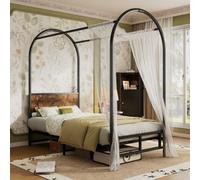 Matteo Modern Black Metal & Wood Effect 3Ft Single Canopy Bed Frame - Durable 90X190Cm Iron Bed For Adults & Teens