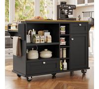 Matteo Modern Black Mobile Kitchen Island Trolley 129Cm With Light Brown Wood Effect Top, Drawers & Storage Cupboards