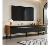 Matteo Modern Black & Natural Wood Effect Tv Unit With Four Push-Open Striped Doors. Wide Entertainment Stand For Living Room.