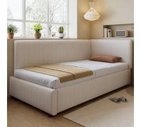 Matteo Modern Corduroy Upholstered Single Bed Frame With Safety Side Rails & Tall Headboards, Beige 90X190Cm