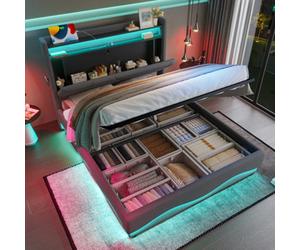 Matteo Modern Dark Grey Velvet Double Bed Frame With Led Headboard, Usb Charging, Under-Bed Storage & Gas-Lift Slatted Base