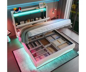 Matteo Modern European King Upholstered Ottoman Bed Frame With Led Headboard, Storage, Usb & Type-C Ports - Beige Velvet