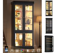 Matteo Modern Freestanding Display Cabinet With Integrated Led Lighting, Glass Door, Anti-Tip & Adjustable Wood-Effect Shelves, Black