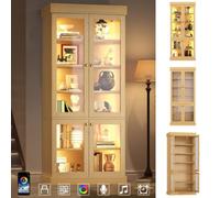 Matteo Modern Freestanding Display Cabinet With Led Mood Lighting, Glass Door, Anti-Tip Protection & Natural Brown Finish