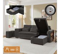 Matteo Modern Grey Corduroy L-Shaped Sofa Bed With Storage Chaise, Nesting Footstools & Integrated Usb/type-C Charging Station