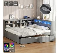Matteo Modern Grey Double Bed Frame With Led Lights, Usb Charging & 2 Storage Drawers, 135X190Cm Wood Daybed