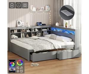 Matteo Modern Grey Double Bed Frame With Led Lights, Usb Charging & 2 Storage Drawers, 135X190Cm Wood Daybed