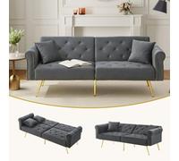Matteo Modern Grey Velvet 2-Seater Sofa Bed With 3-Stage Adjustable Backrest & Gold-Plated Metal Legs