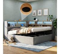 Matteo Modern Grey Velvet Double Ottoman Bed Frame With Hydraulic Storage, Led Lighting, Usb & Type-C Charging, 4Ft6