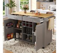 Matteo Modern Grey Wood Grain Kitchen Island With Storage & Lockable Casters, 102X45X92Cm