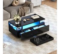 Matteo Modern High-Gloss Black Coffee Table With Led, Storage & Removable Tray - 90X45X35.5Cm