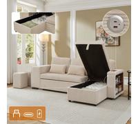Matteo Modern L-Shaped Convertible Sofa Bed With Storage, Charging & Nesting Stools - Beige Corduroy