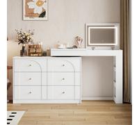 Matteo Modern L-Shaped Vanity & Study Desk With Led Flip Mirror, 7 Drawers, White