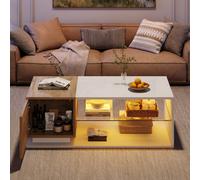 Matteo Modern Led Coffee Table With High Gloss Finish, Glass Shelf & Storage - White & Wood, 105X50X36Cm