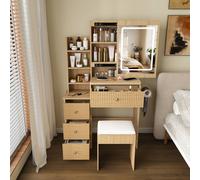 Matteo Modern LED Vanity Desk - 4 Drawers, Natural Walnut - Dressing Table Matteo Walnut