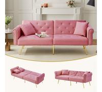Matteo Modern Pink Velvet 2-Seater Sofa Bed With 3-Stage Adjustable Backrest & Gold Metal Feet - Space-Saving