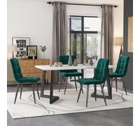 Matteo Modern Rectangular Dining Table Set With 4 Dark Green Velvet Chairs, 117X68Cm, Black Legs