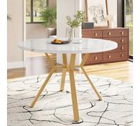 Matteo Modern Round Marble Effect Dining Table 100Cm With Gold X-Leg Steel Base - Stable & Stylish