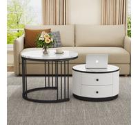 Matteo Modern Round Nesting Coffee Table Set (2) With Marble Effect Top & Storage Drawer, White & Black