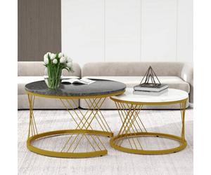 Matteo Modern Round Nesting Coffee Table Set Of 2 With Marble Effect Top & Gold Metal Frame