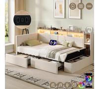 Matteo Modern Single 3Ft Daybed With Rgb Led, Storage Drawers, Ottoman & Usb Charging, Beige Linen