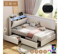 Matteo Modern Single Daybed With Storage, Led Headboard & Charging Station - Beige Linen Upholstered Frame
