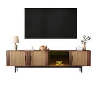 Matteo Modern Tv Cabinet Lowboard With Smart Led Light, Carved Texture, Tempered Glass Door - Black & Wood Finish