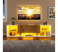 Matteo Modern Tv Stand For 70 Inch Tvs With Led Lights, 2 Drawers & 5 Open Shelves - White & Wood Finish
