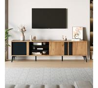 Matteo Modern Tv Stand For Up To 80" Tvs, Black & Brown, With 3 Cabinets, 4 Open Shelves & Steel Frame (180X40X50Cm)