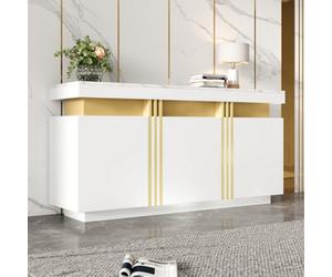 Matteo Modern White & Gold 3-Door Sideboard Cabinet With Faux Marble Top For Luxury Storage In Dining Room, Living Room
