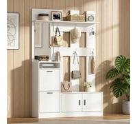 Matteo Modern White Hallway Furniture Set With Mirror, 6 Hooks & Shoe Storage Bench