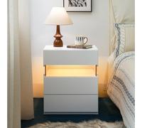 Matteo Modern White Led Nightstand With Acrylic Board & 3 Drawers - Bedside Table For Bedroom & Living Room