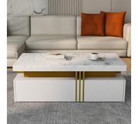 Matteo Modern White Rectangular Coffee Table With Marble Pattern Top & 2 Storage Drawers - 100X50X40Cm