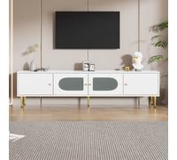 Matteo Modern White Tv Stand For 70 Inch Tvs, 4-Door Storage Cabinet With Glass & Metal Legs