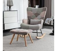 Matteo Multicolour Patchwork Fabric Rocking Chair With Footstool, Wingback Design & Solid Wood Legs