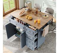 Matteo Multifunctional Blue Kitchen Island With Folding Worktop & Storage - Serving Trolley & Buffet Cabinet