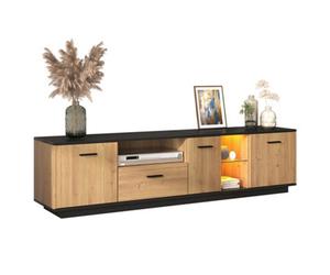 Matteo N130 180Cm Tv Unit With Led Lights, Black & Natural Wood Finish, 3 Doors, Drawer & Glass Shelves