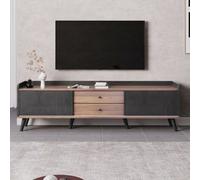 Matteo N130 Modern 160Cm Tv Stand With Striped Sliding Doors & 2 Drawers - Black & Wood