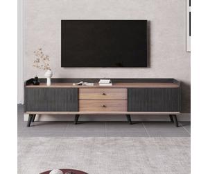 Matteo N130 Modern 160Cm Tv Stand With Striped Sliding Doors & 2 Drawers - Black & Wood