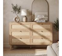 Matteo Natural Oak & Rattan-Effect 6-Drawer Chest Of Drawers - 120Cm Wide Bedroom Storage