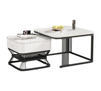 Matteo Nesting Coffee Table Set Of 2, White Marble Effect, Square Side Tables, Drawer & Storage, Black Metal Frame