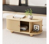 Matteo Oval Coffee Table with Sliding Doors & Storage - Wood Effect MDF in Natural Matteo Natural