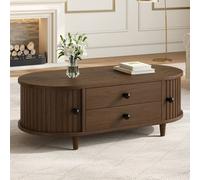 Matteo Oval Walnut MDF Coffee Table with Sliding Storage Doors Matteo Walnut