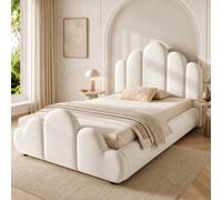 Matteo Petal-Shaped Velvet 3Ft Single Bed Frame - Upholstered Headboard & Cloud Footboard - Beige With Wooden Slats