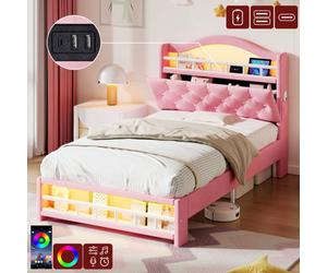 Matteo Pink 3Ft Single Velvet Upholstered Bed Frame With Rgb Led, Diamond Tufted Headboard, Usb Charging & Hidden Storage