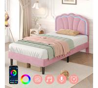 Matteo Pink Single Velvet Upholstered Bed Frame With Rgb Led Adjustable Shell Headboard & Solid Wood Slats - No Box Spring Needed