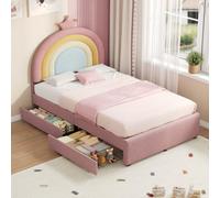 Matteo Pink Velvet 3Ft Single Bed Frame With Adjustable Rainbow Crown Headboard & Storage Drawers - No Box Spring Needed