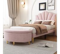 Matteo Pink Velvet 3Ft Single Bed Frame With Elegant Shell Headboard & Storage Ottoman Bench