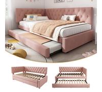 Matteo Pink Velvet Daybed With Pull-Out Trundle Bed - Space-Saving 3Ft Single Sofa Bed For Adults & Kids