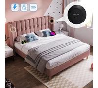 Matteo Pink Velvet Double Bed Frame With Usb & Type-C Charging, 4Ft6 Upholstered Bed For Modern Bedrooms, Sturdy Slatted Base